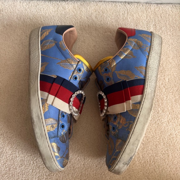 GUCCI Ace Sneakers Crystal Sylvie Blue Lace Size 9.5 | IT 39.5 - Picture 3 of 6